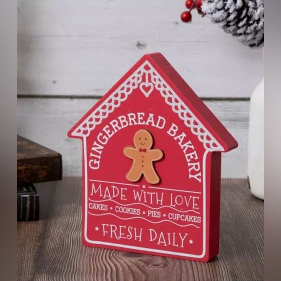 Gingerbread Bakery House Wood Decor Red Gingerbread Bakery Holiday Decor - Picture 1 of 3